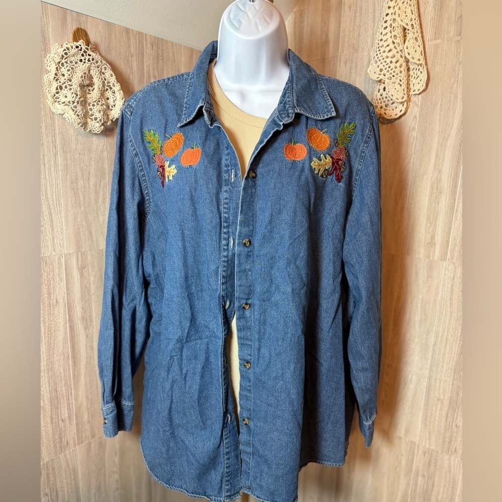 Cherokee Blue Denim Shirt Fall Pumpkins